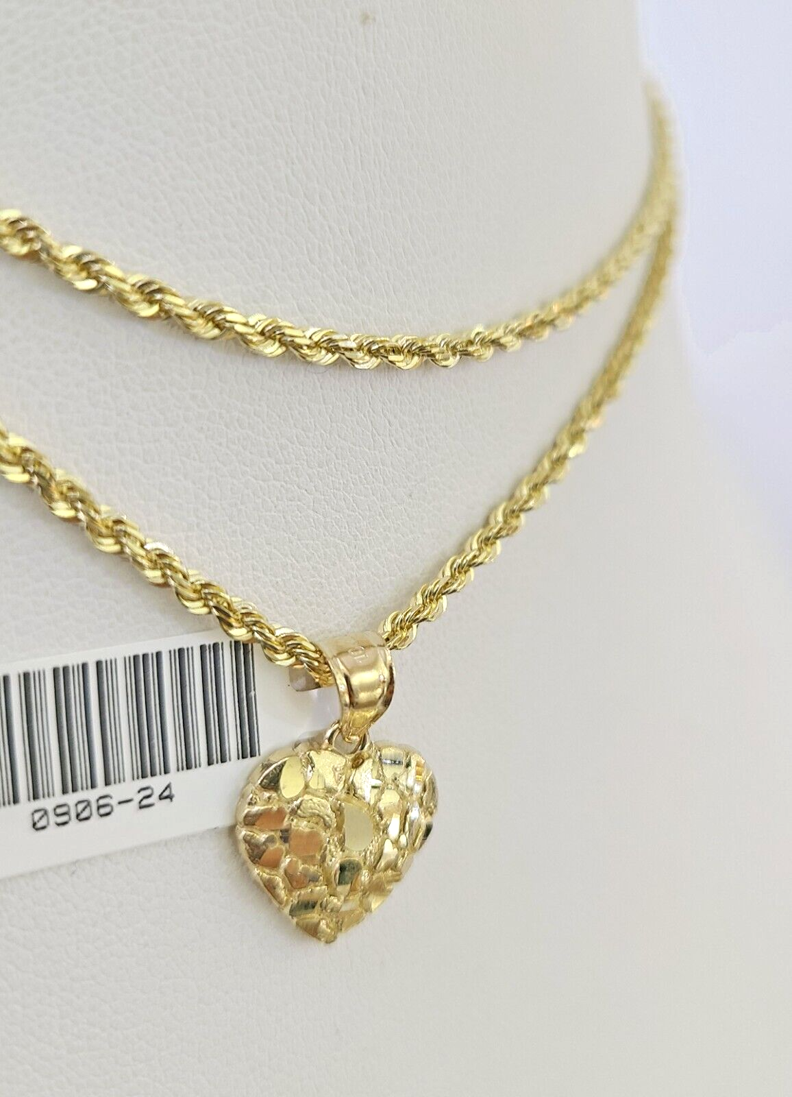 10k Solid Rope Chain 2mm Nugget Heart Pendant Charm Necklace SET 16"-22" Ladies